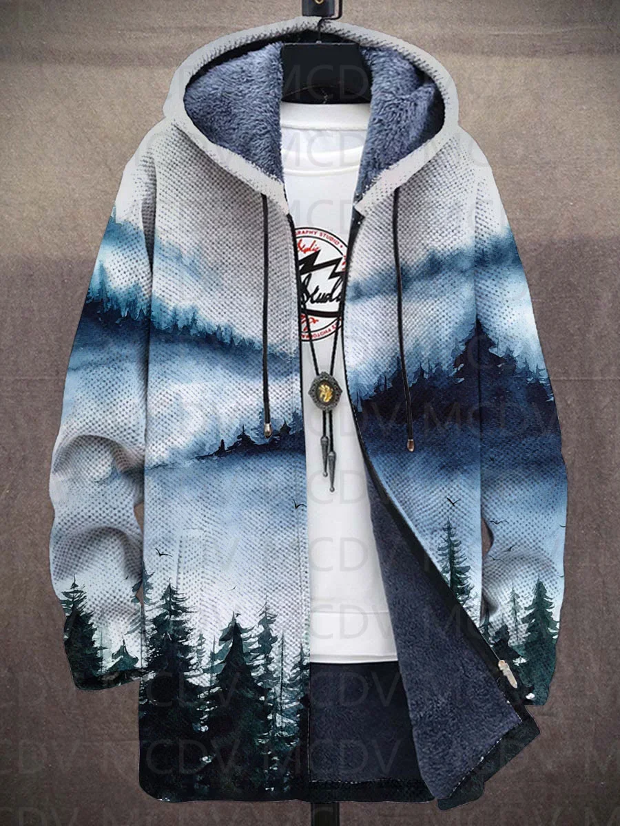 Water Landscape Print Plush Thick Long-Sleeved Sweater Cardigan Coat Warm Jacket