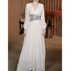 Women's Long Ankle Style Flocked Jacquard V-Neck Waist Long Dress 2025 Autumn Women's New Long Sleeve Dress Female A-line Dress
