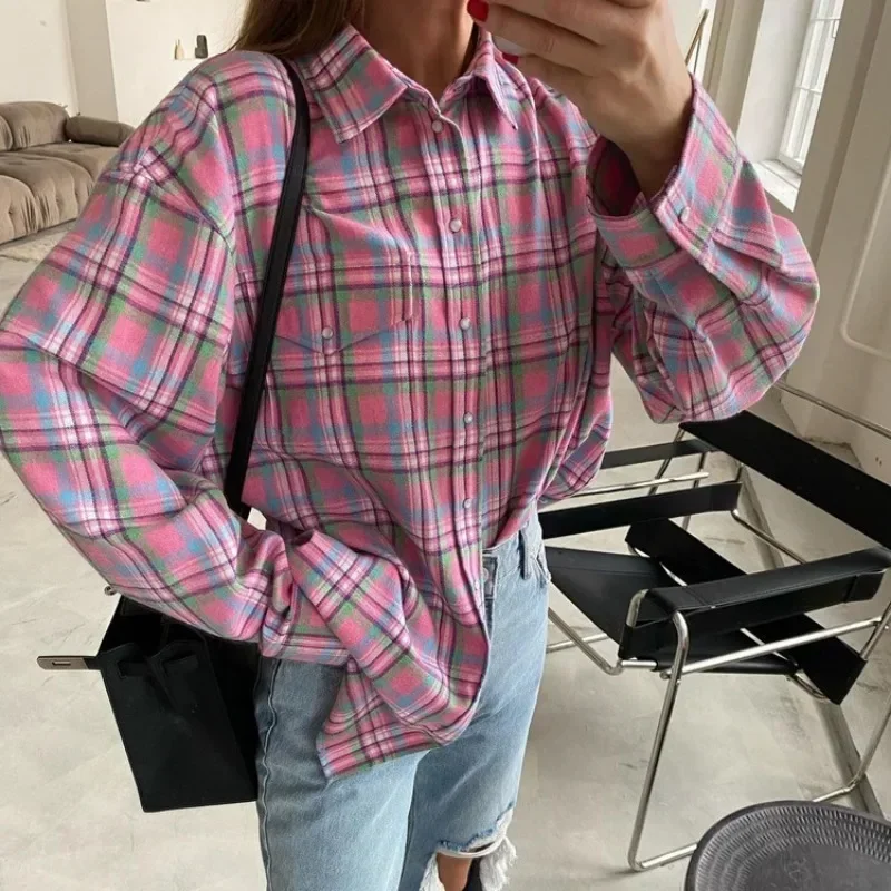 Autumn Women Vintage Plaid Shirt Top Elegant Y2K INS Fashion Long Sleeve Turn Down Collar Single Breasted Pocket Loose Blouse