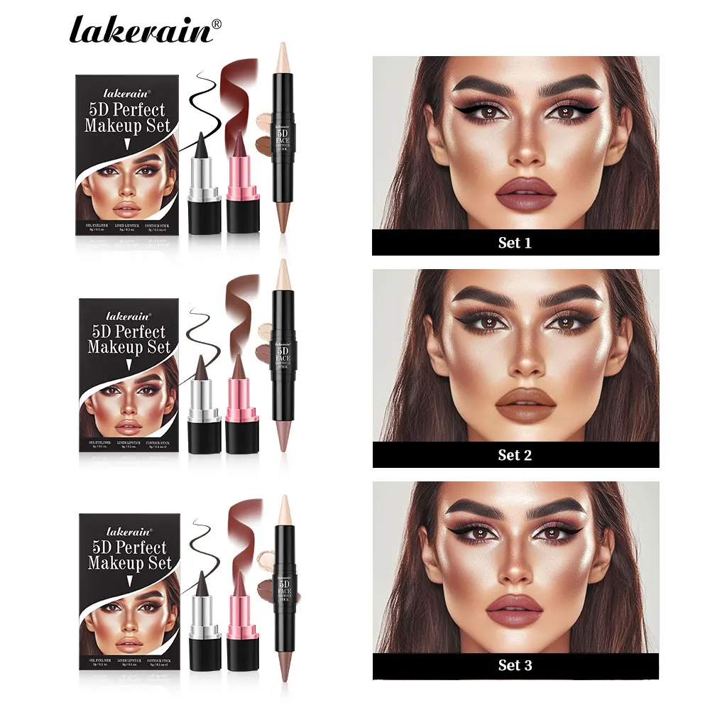 Zestaw do makijażu 5D Perfect z konturowaniem, eyelinerem w sztyfcie i szminką, łatwe koloryzowanie, odporny na pot, długotrwały zestaw do makijażu codziennego.