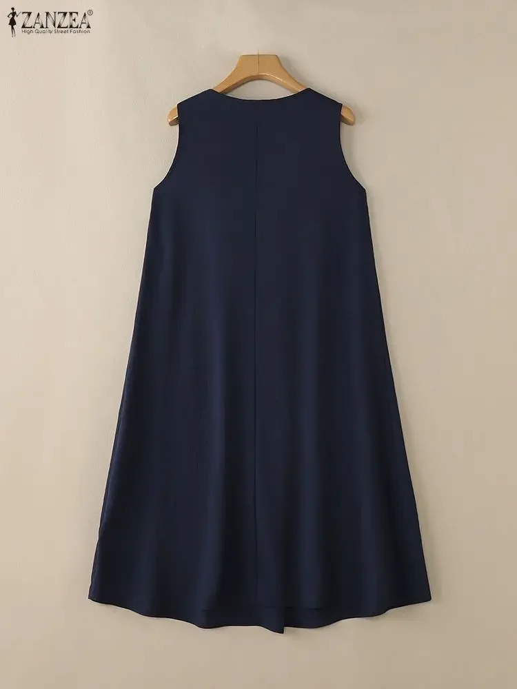 2025 ZANZEA Sexy Women Sleeveless Summer Dresses Fashion Pleated Solid Color Midi Vestidos Vintage Casual Loose Long Shirt Robe
