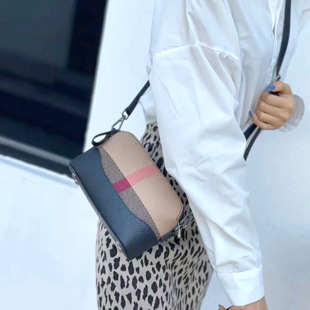 Versatile Women Shoulder Bag High Quality Stripes Plaid Canvas Leather Female Messenger Bag Luxury Lady Camera Purse Handbag