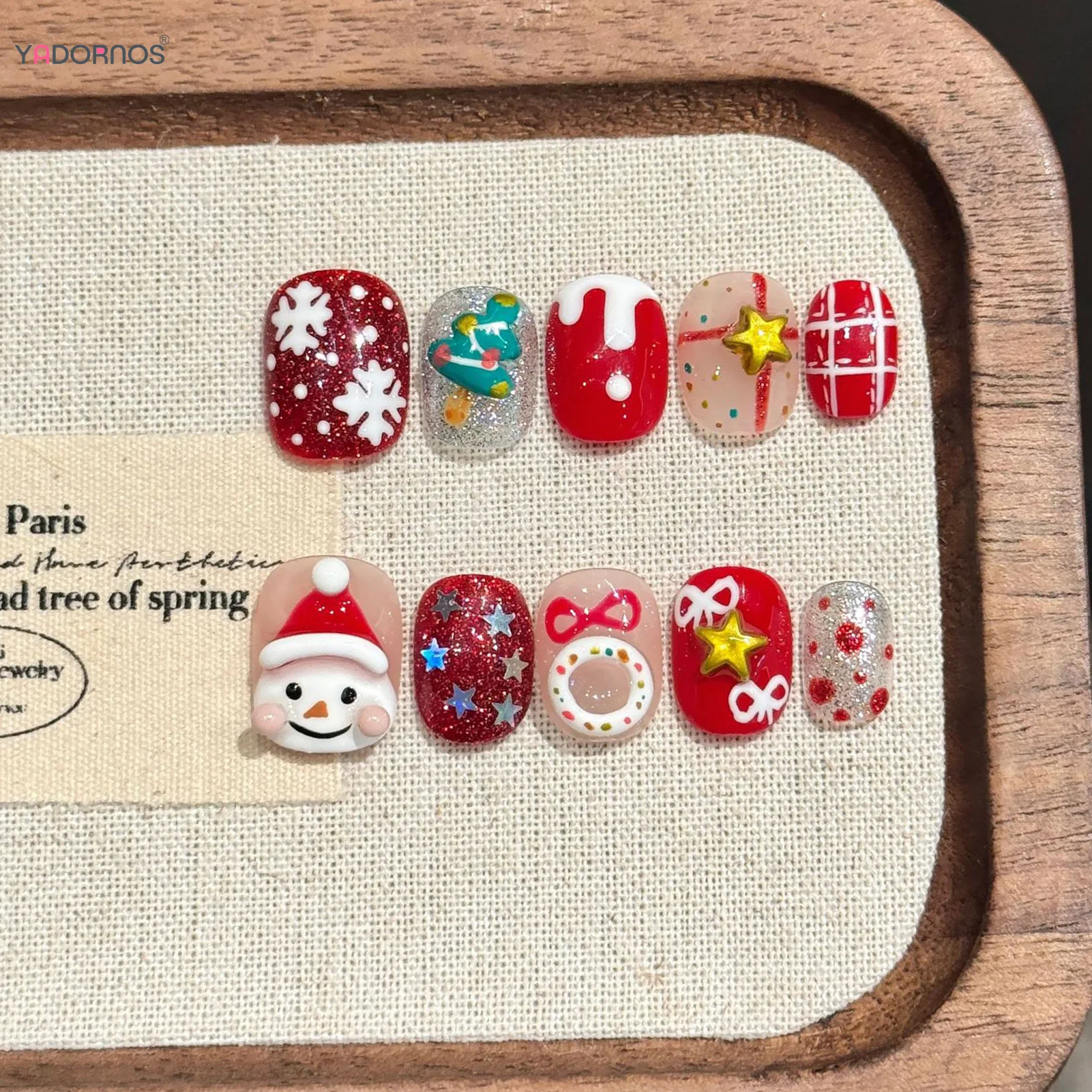 

10Pcs Red Short Fake Nails Christmas Party Handmade Nails Press On Snowman/Star/Bowknot/Snowflake Designs Stick-on Nails Art