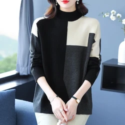 Half high necked Sweater Women's Patchwork Wool Pullover 2024 Autumn/Winter Loose Fashion Bottoming shirt Female Warm Sweaters