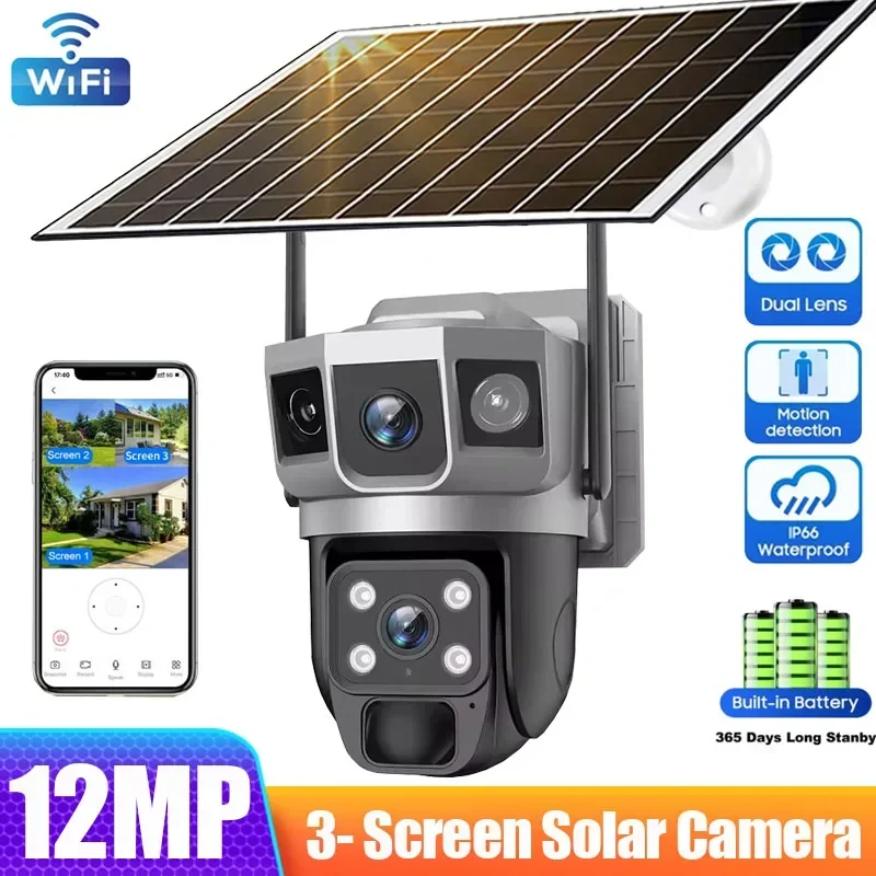 Cámara Solar WIFI de doble lente, tres pantallas, 12MP, Zoom 10X, CCTV, seguimiento automático al aire libre, detección humanoide, compatible con PTZ, IP66