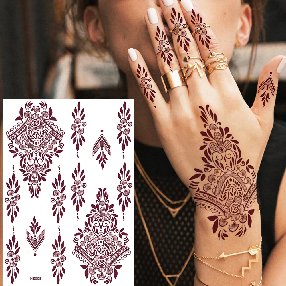 1pc Red Haina Lace Tattoo Patch Waterproof Temporary Adhesive Fashion Indian Style Handback Tattoo Stickers for Women