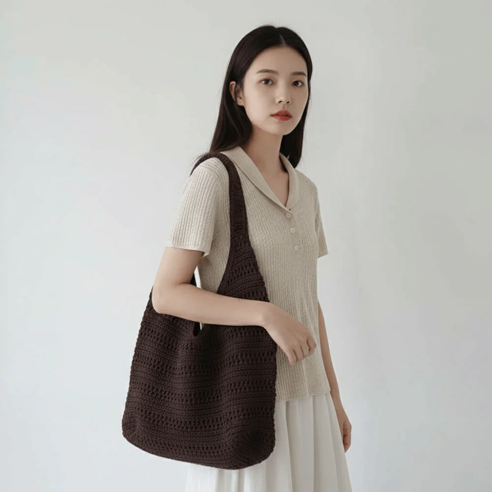 

Large Capacity Crochet Tote Lightweight Minimalist Design Hollow Out Shoulder Bag Aesthetic Openwork Slouchy Silhouette