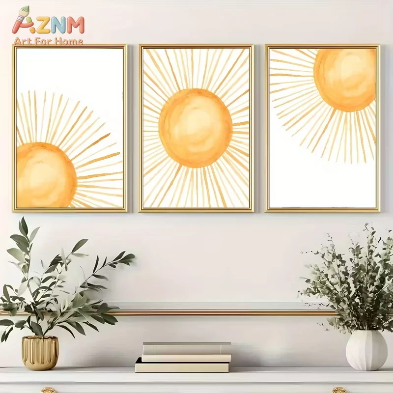 3PCS Boho Sun Canvas Wall Art Set Watercolor Yellow Sunburst Prints Posters Minimalist Aesthetic Unframed Decorative Paintings f