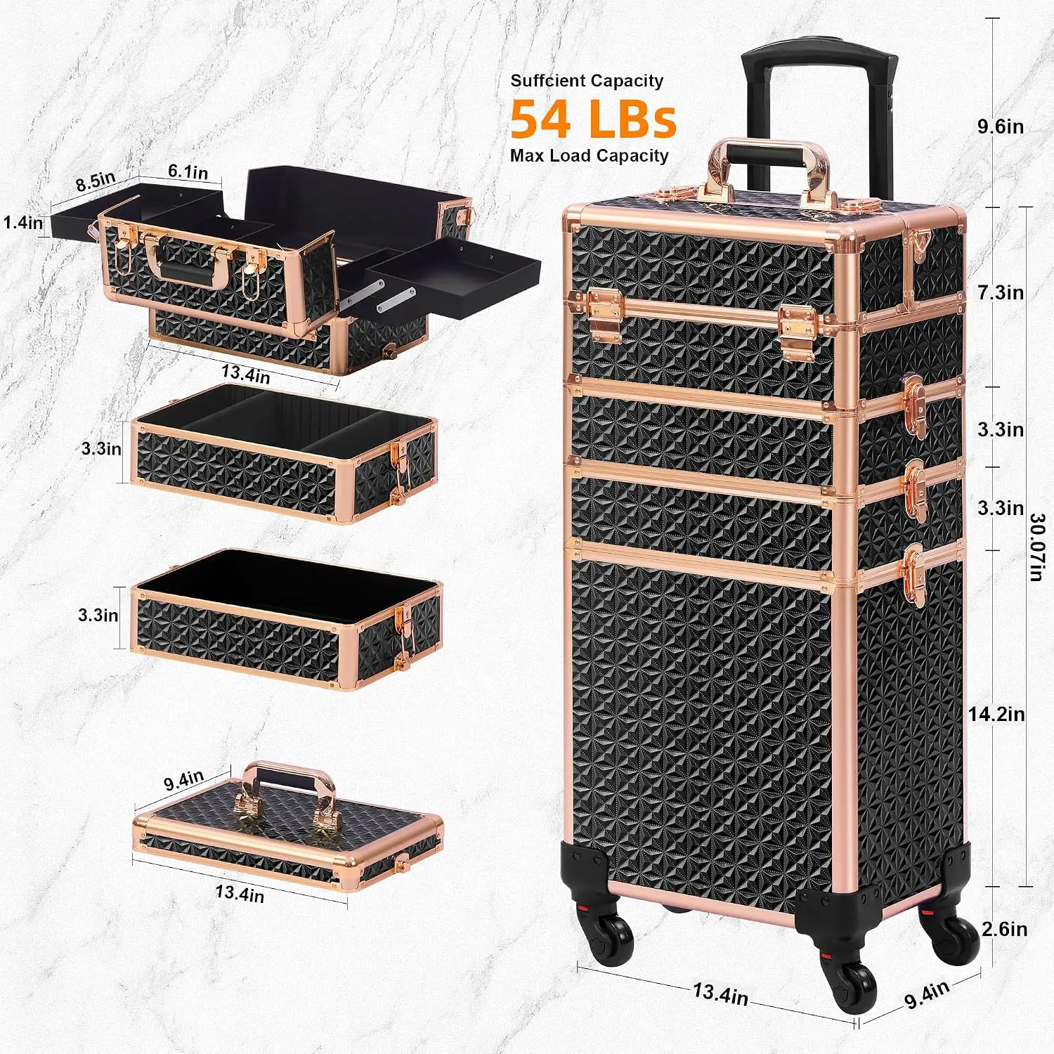 Rolling Makeup Case Makeup Train Case With Lid 5 In 1 Cosmetology Case On Wheels Large Makeup Organizers Professional Cosmetic Case For Salon Barber Black Gold view 5