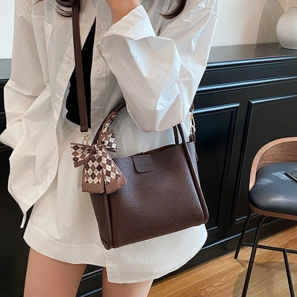 

Temperament Minimalist Pu Leather Bucket Bag Solid Color with Ribbon Crossbody Bag Versatile Korean Style Women 's Handbag Women