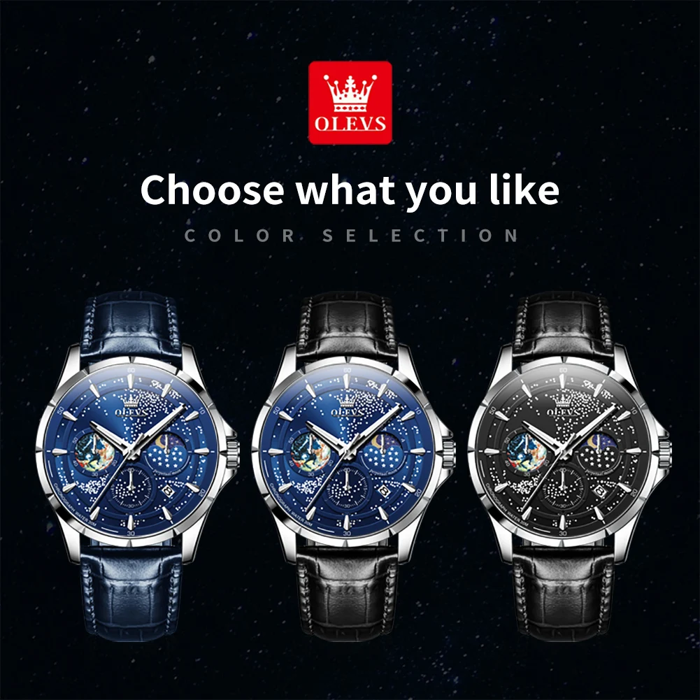 OLEVS Top Marke Starry Blau Quarz Uhr für Männer Lederband Männer der Armbanduhr Mond Phase Chronograph Sport Uhr Original neue