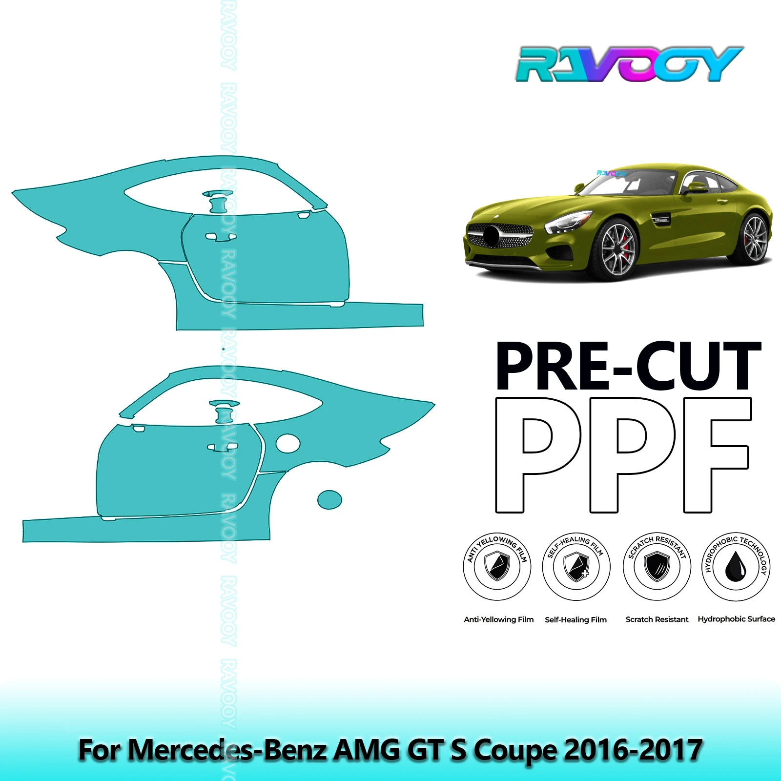 

For Mercedes-Benz AMG GT S Coupe 2016-2017 8.5mil Clear Matte Pre-Cut PPF Door & A/B Pillar Kit TPU Paint Protection Film Set