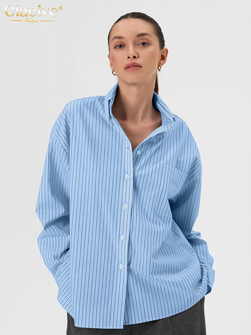 

Clacive Fashion Blue Stripe Women's Blouse 2026 Spring Lapel Long Sleeve Lady Shirt Elegant Classic Pockets Top Female Clothing