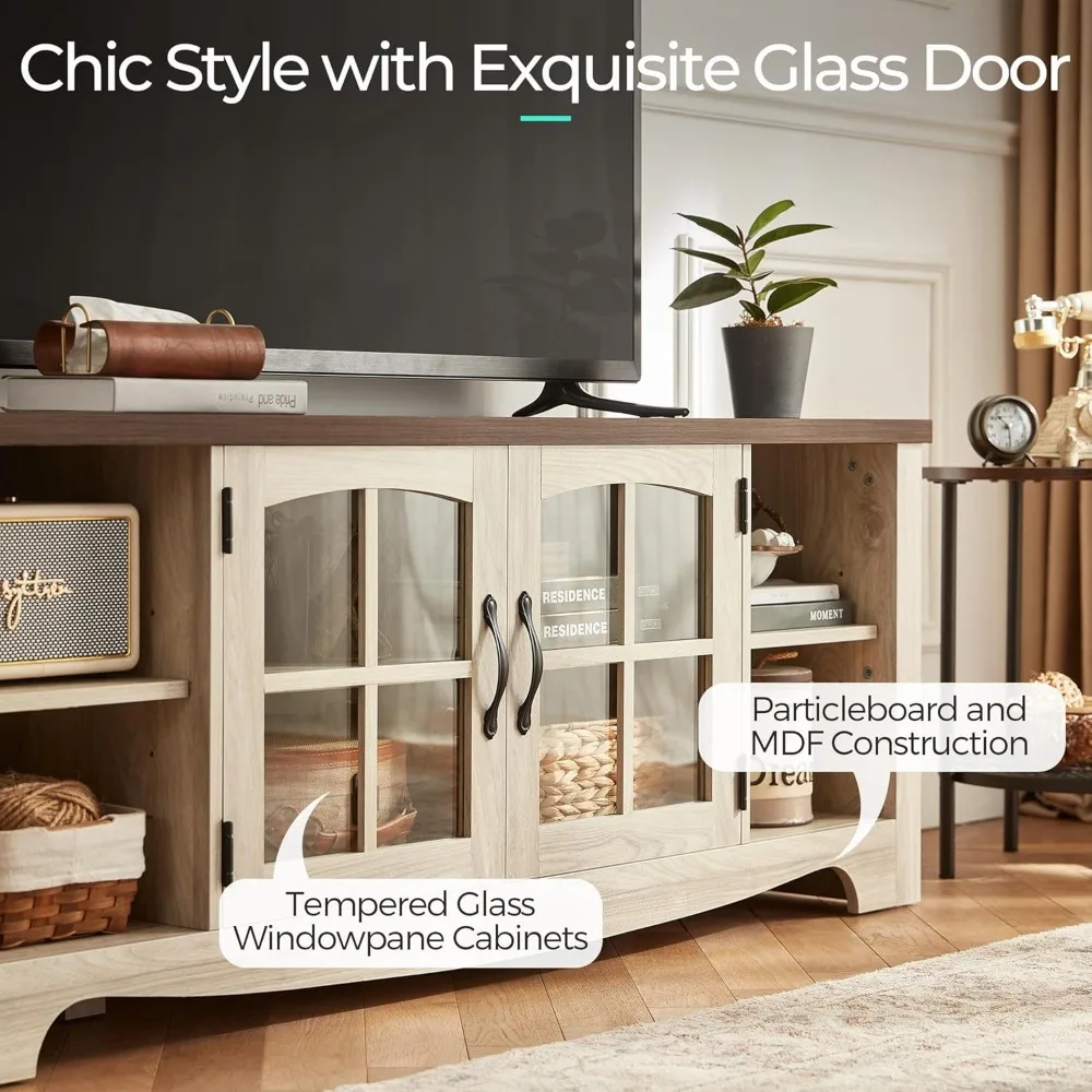 حامل تلفزيون المزرعة لتلفزيون 65 بوصة، مركز ترفيه خشبي مع خزانة تخزين بباب زجاجي وأرفف قابلة للتعديل، مقاس كبير