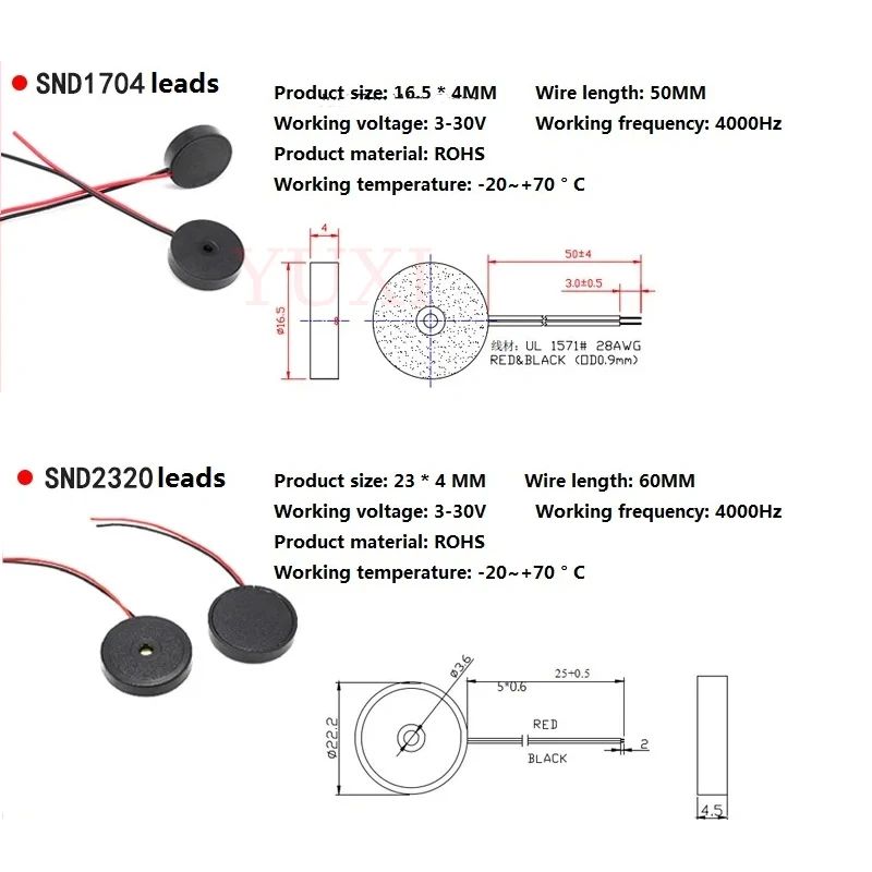 YUXI 1PCS 1325/1404/1744/2320 Lead Buzzer Piezoelectric Passive AC Low Power Frequency 4000HZ view 5