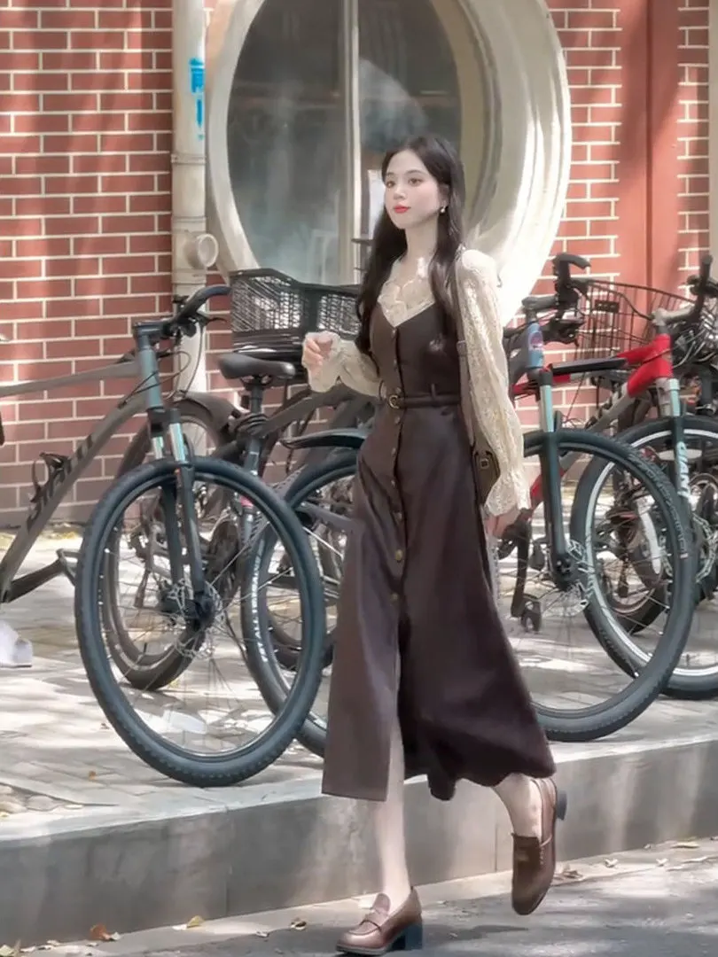 

Корейский дизайнерский комплект из двух предметов для женщин: кружевная блузка и юбка с V-образным вырезом и завышенной талией, новинка ранней осени