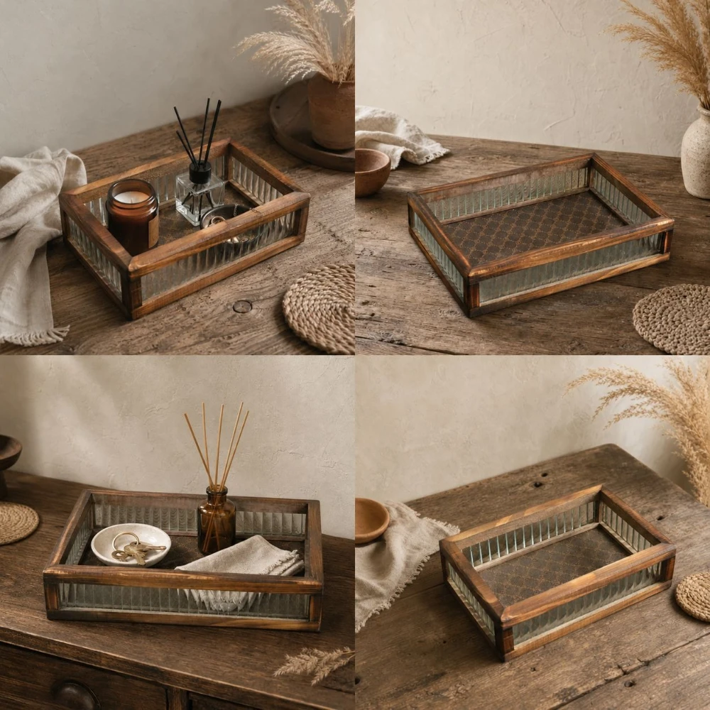 Glass Tea Tray Home Decoration Begonia Printing Tray Afternoon Tea Heart Plate Jewelry Display Storage Tray Home Accessories