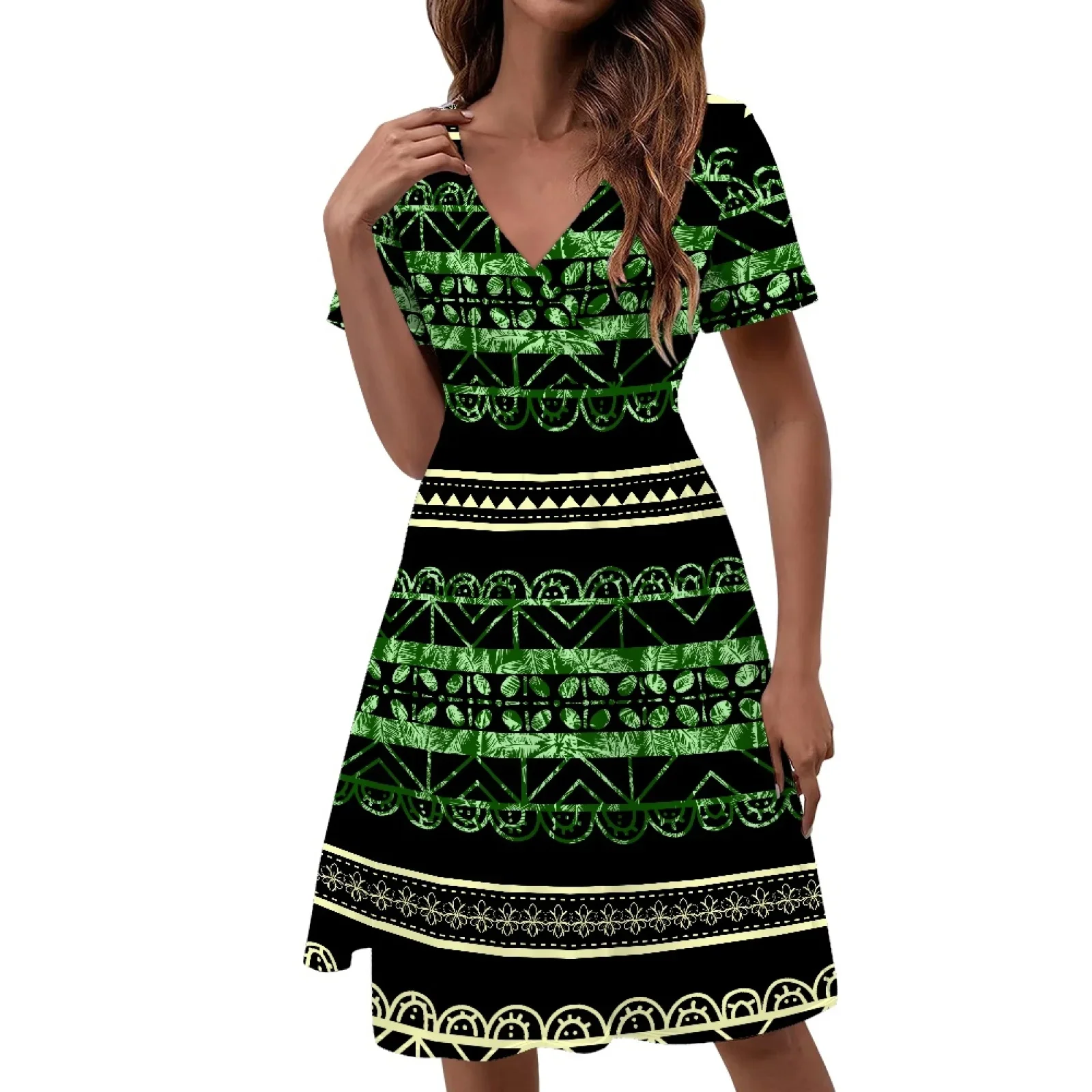 Women's Polynesian Tribal Samoan Totem Tattoo Prints Dress, Beach Party Dresses, Chic Slim Sexy V-Neck, Short Sleeve Sundress