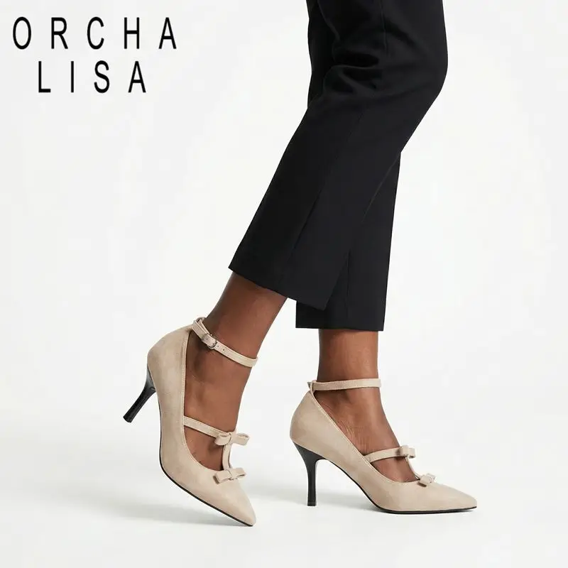 

ORCHA LISA Модные женские туфли-лодочки с острым носком, каблуком-шпилькой 9 см, ремешком с пряжкой и бантом, сексуальные вечерние туфли больших размеров 45, 46, 47, 48, летние