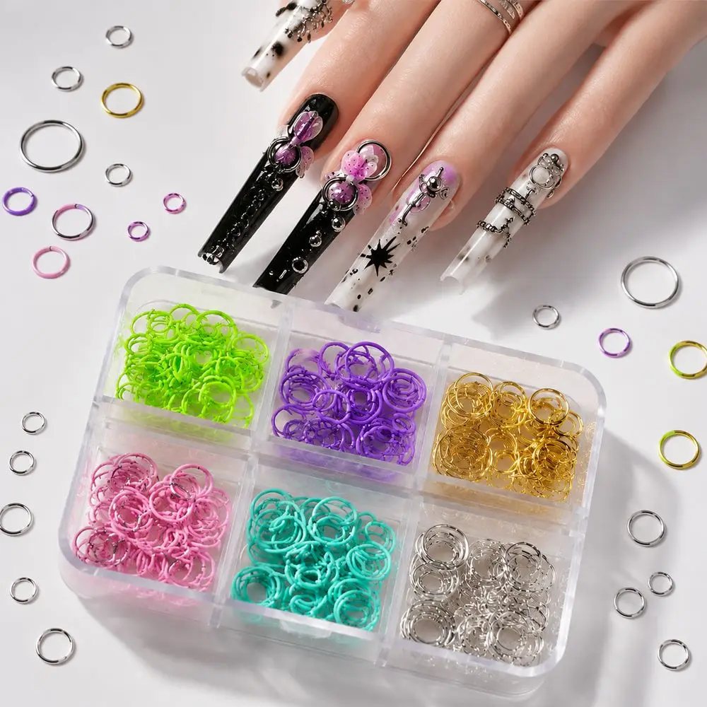 Y2K Punk 6Grids Nail Art Jump Rings Assorted Multi‑Size Hollow Circle Open Loop Charms Ornaments For Cool Style Manicure Decor
