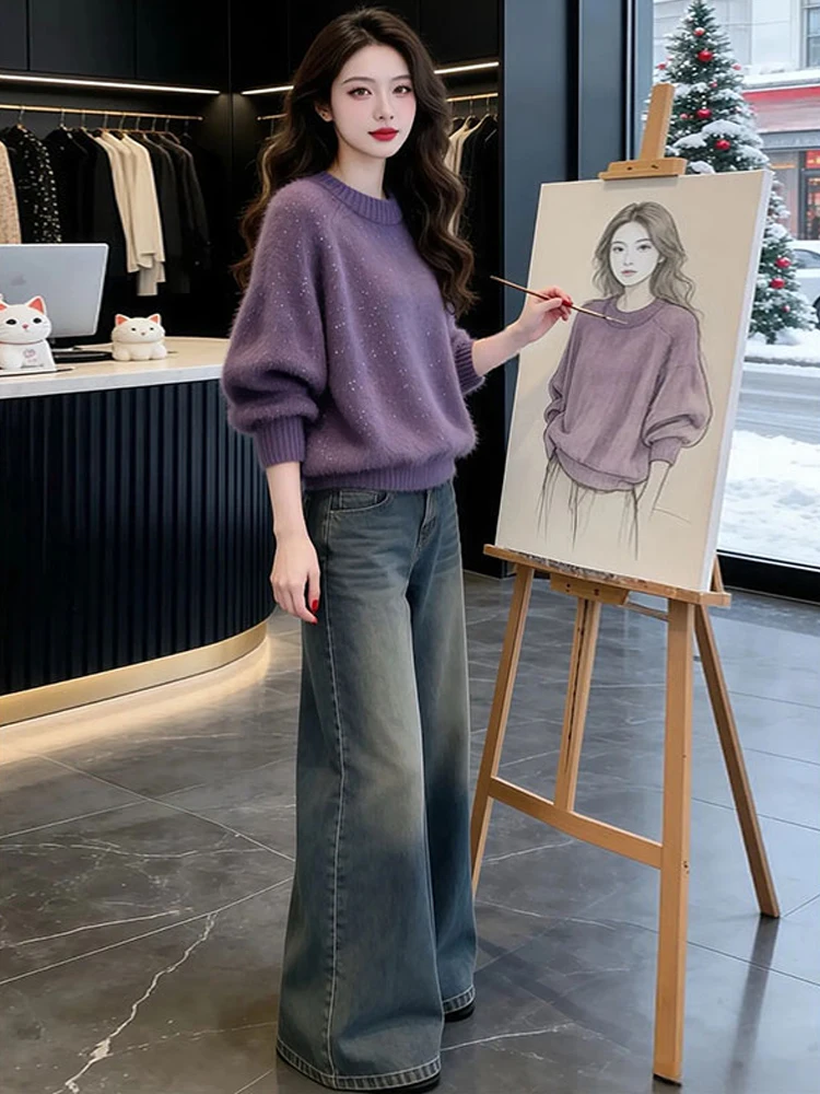 Loose Lazy Style Purple Short Knitted Sweater Women's Fashion Spring Autumn New Autumn Winter Sweater Very Attractive Top
