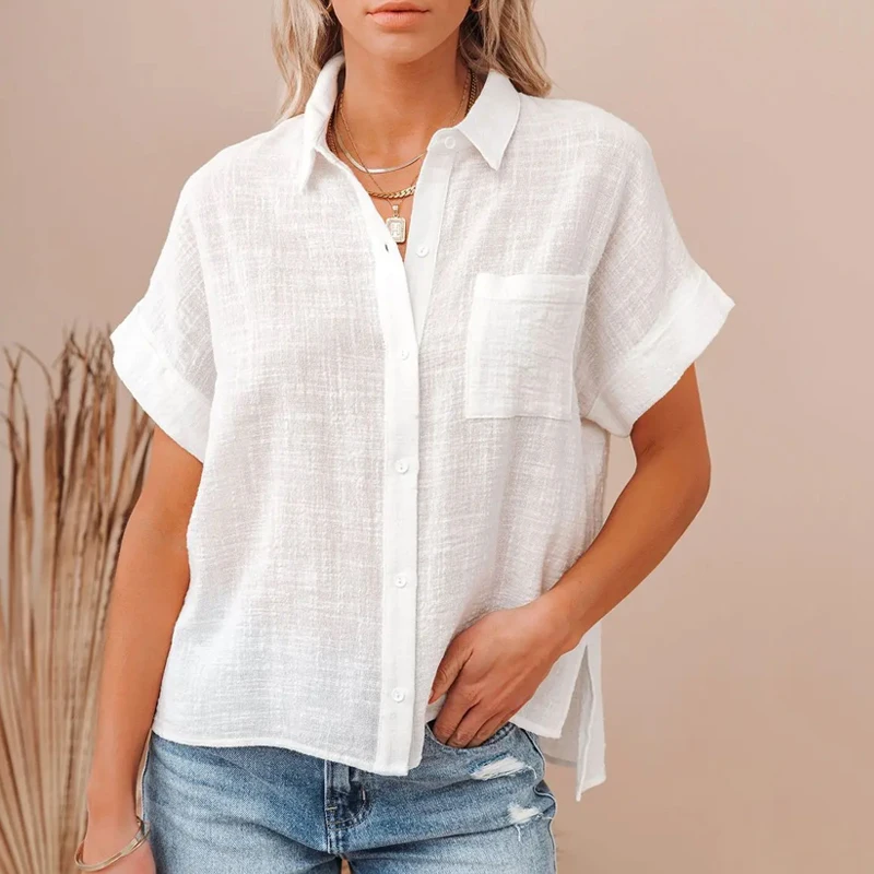 Summer Cotton Linen White Shirt Women Short Sleeve Casual Tops Ladies Elegant Blouses Short Sleeve Summer Shirts for Women 21929