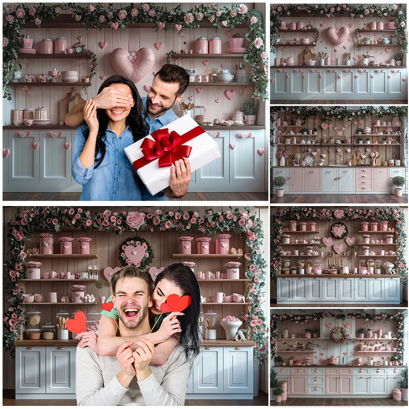 

Valentine's Day Kitchen Backdrop Pink Rose Flower Kitchenware Love Heart Romantic Couple Portrait Photography Background Decor