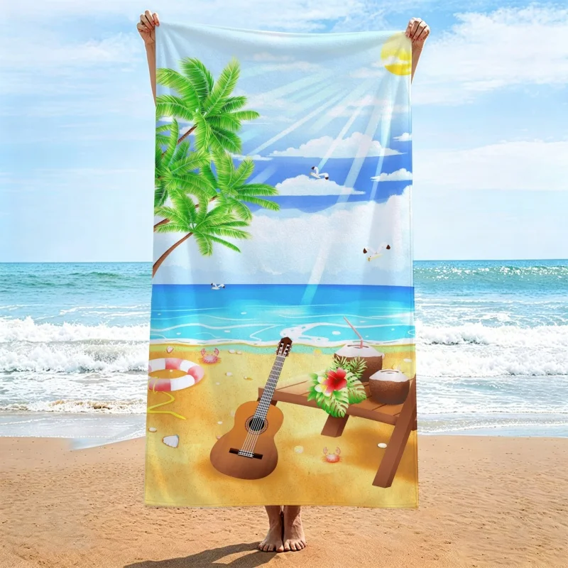 Newest Beach Towel Tropical Palm Tree Guitar Coconut Beach Scenery Print Quick Dry Microfiber Beach Towel Summer Pool Towel