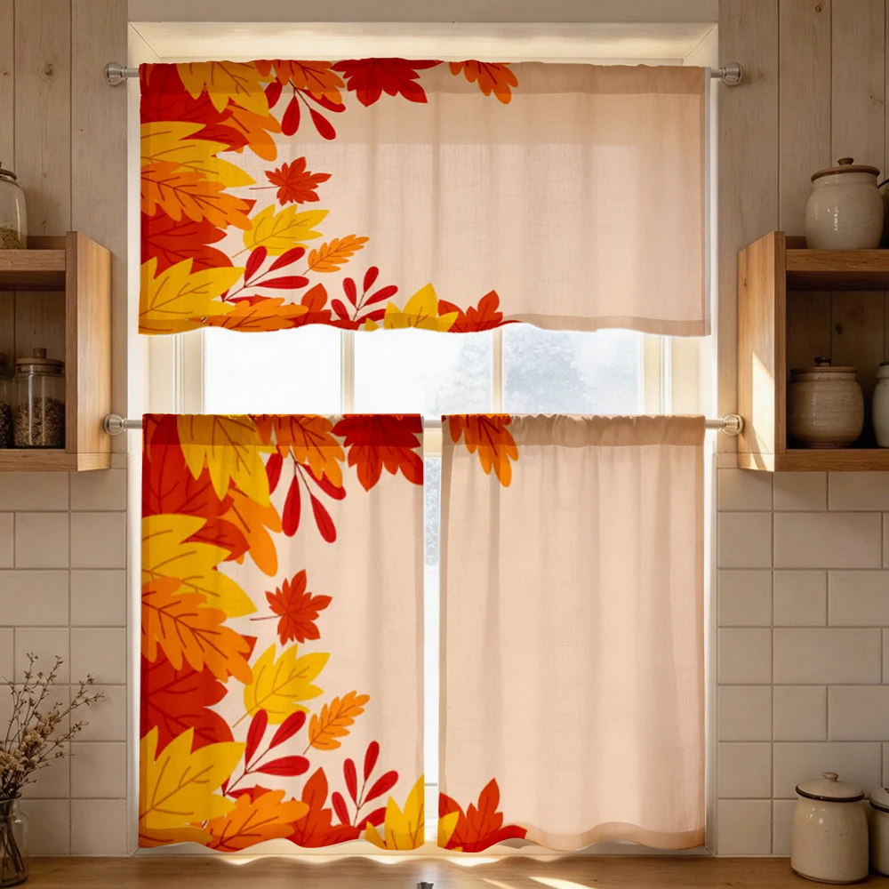 Fall Kitchen Curtains, Red Orange Yellow Maple Leaf, Digital Print, Kitchen Dining Room, Rod Pocket Polyester, Home Decor