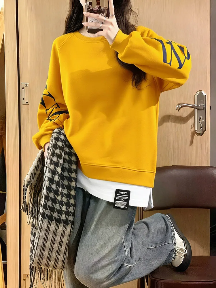 

Женская утепленная толстовка с длинным рукавом и круглым вырезом, имитация двухслойности, осенне-зимняя новинка, приталенный крой, однотонная.