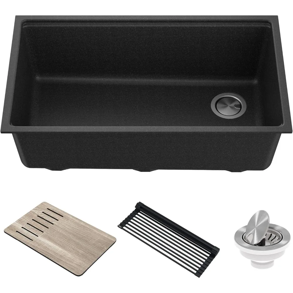 

KRAUS Bellucci Workstation 32 inch Undermount Granite Composite Single Bowl Kitchen Sink in Metallic Black with Accessories