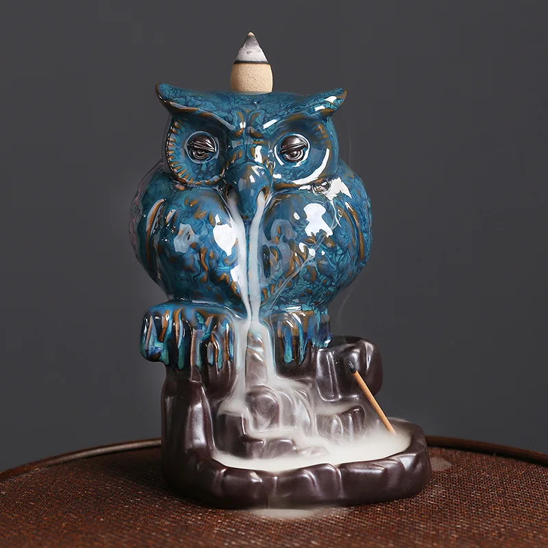 Handmade Ceramic Owl Ornaments Waterfall Backflow Incense Stick Holder Purple Clay Censer