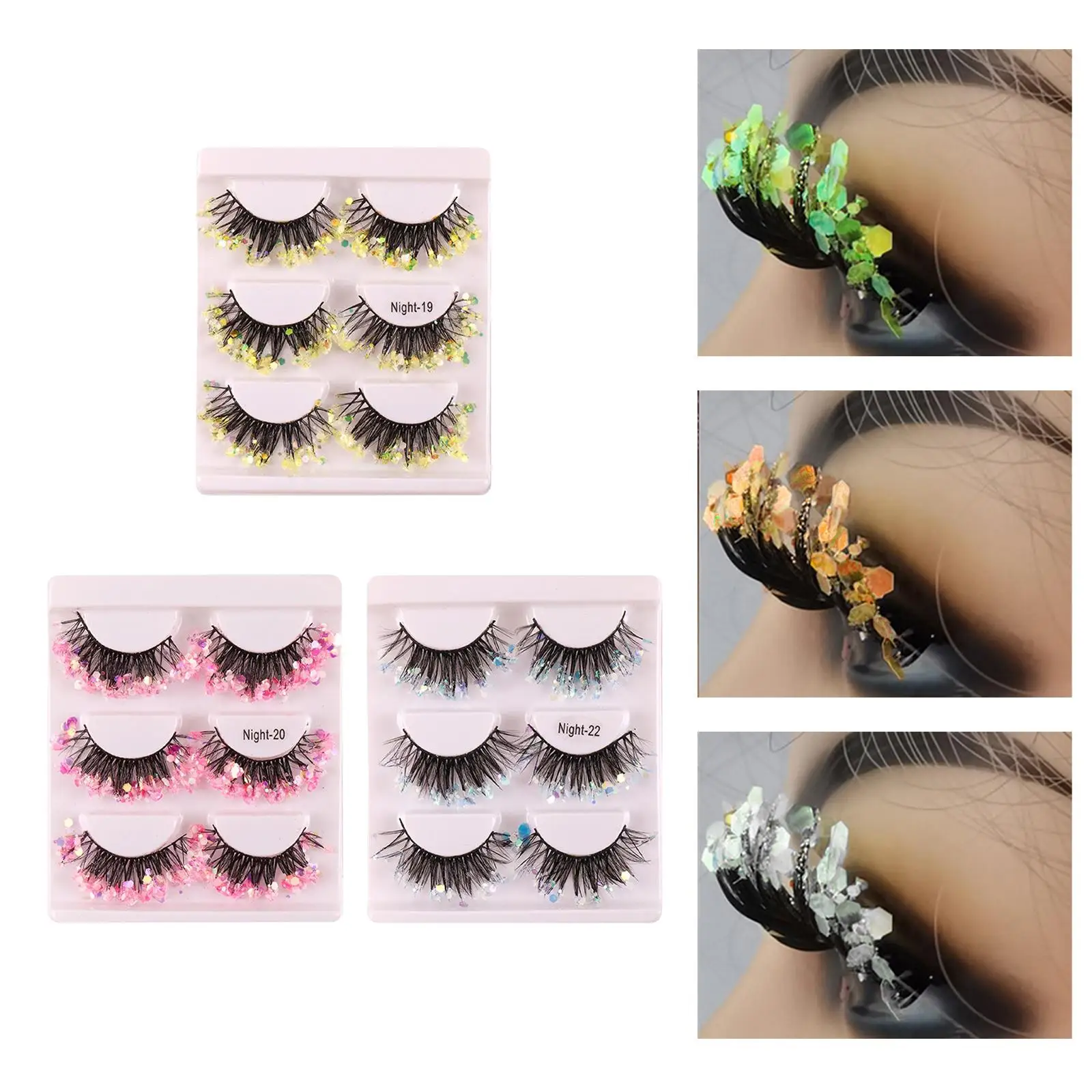 3 Pairs Luminous False Eyelashes Decorative Shining Color 3D