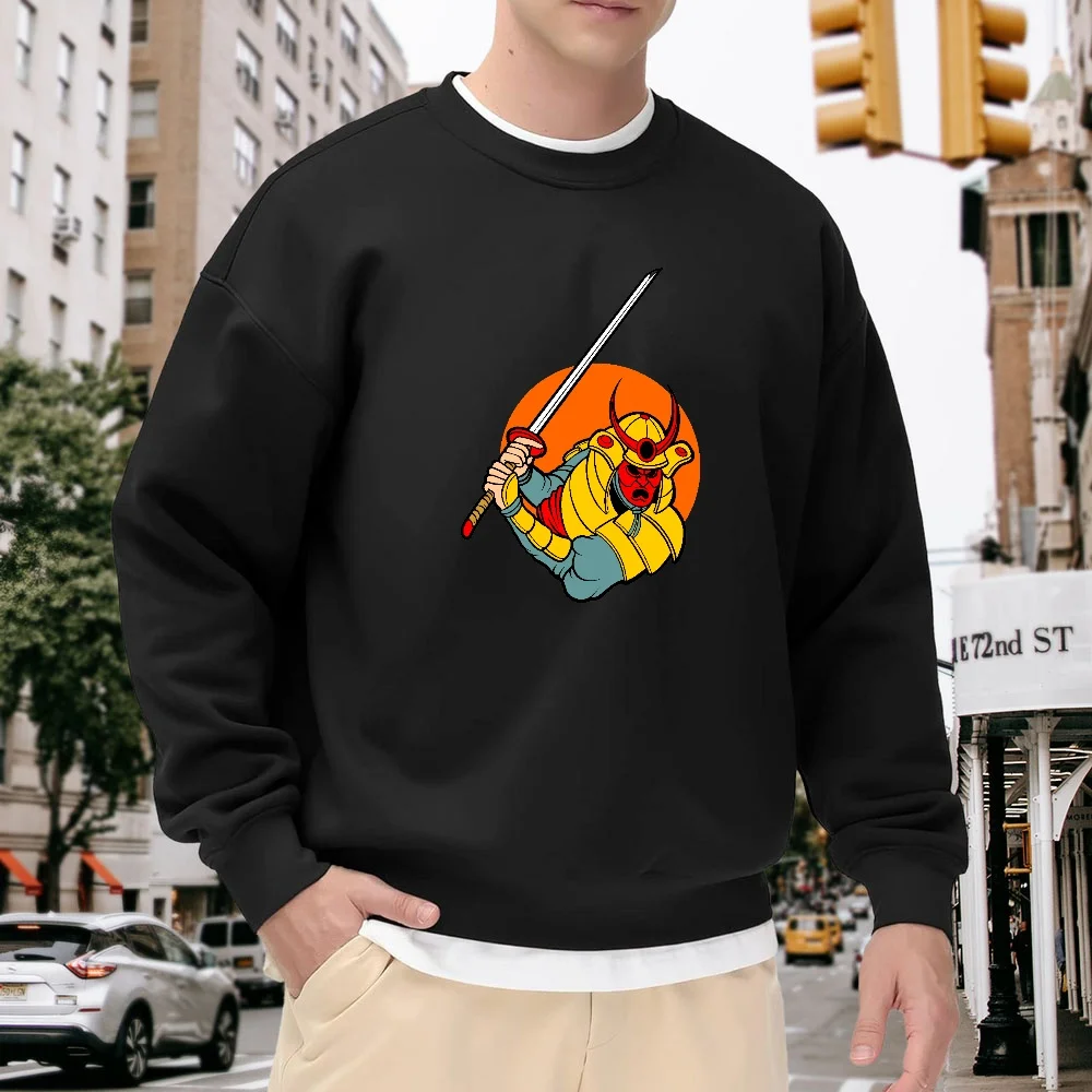 

Men's Black Crew Neck Pullover Sweatshirt with Warrior Print, Loose Casual Top, Trendy Street Style, Versatile for Daily Wear, Comfortable and Breathable Polyester Fabric