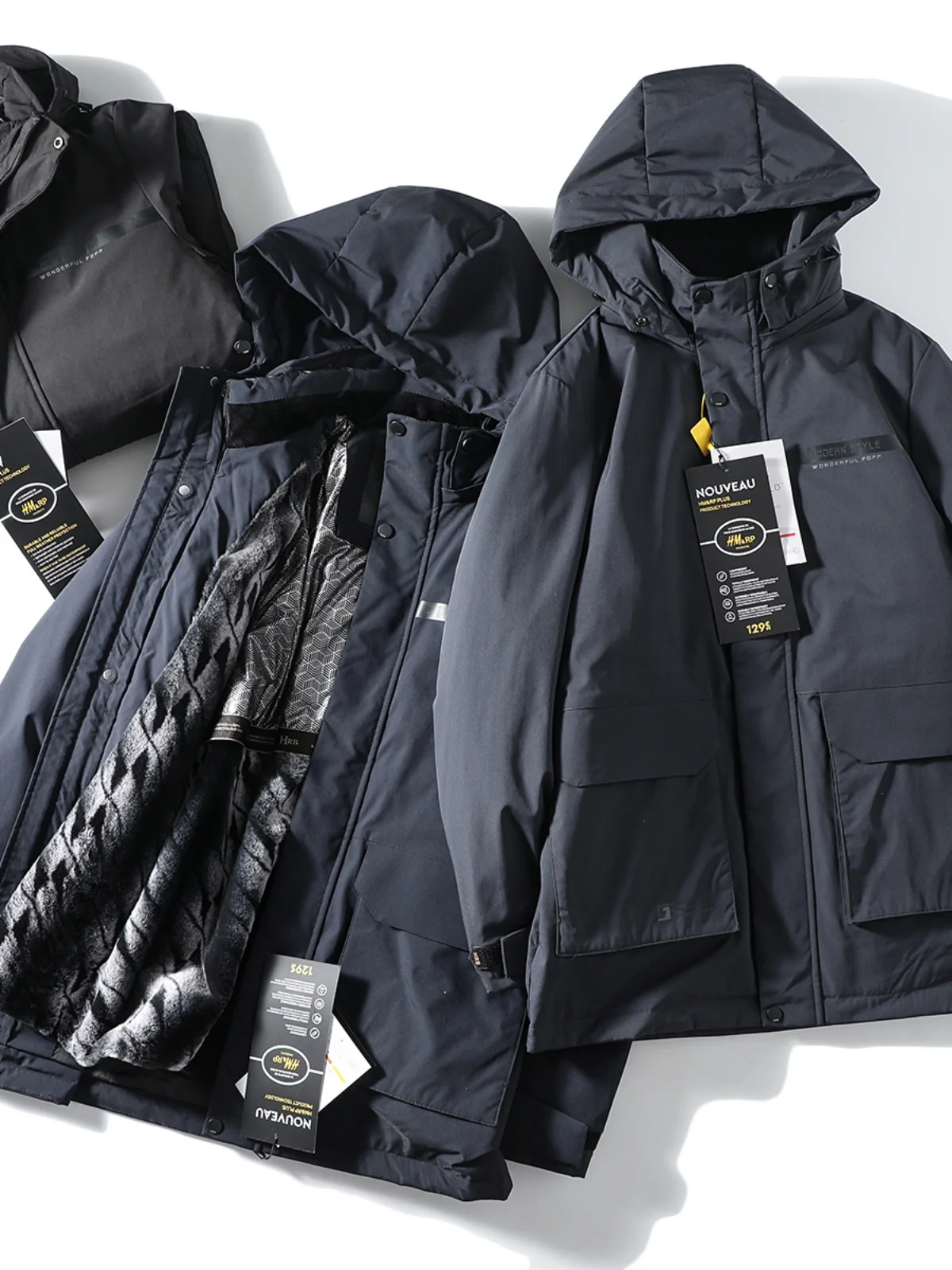 

Men's Mid-Length Casual down Jacket Large Goose down Outdoor Windproof Warm Fashionable Urban Style Pure Color Hoodie