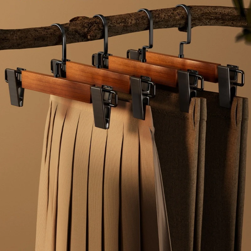 

5Pcs Wooden Pants Hangers with Clips Non-Slip Seamless Trouser Rack for Closet Organizer JK Skirt Hanger Household Storage