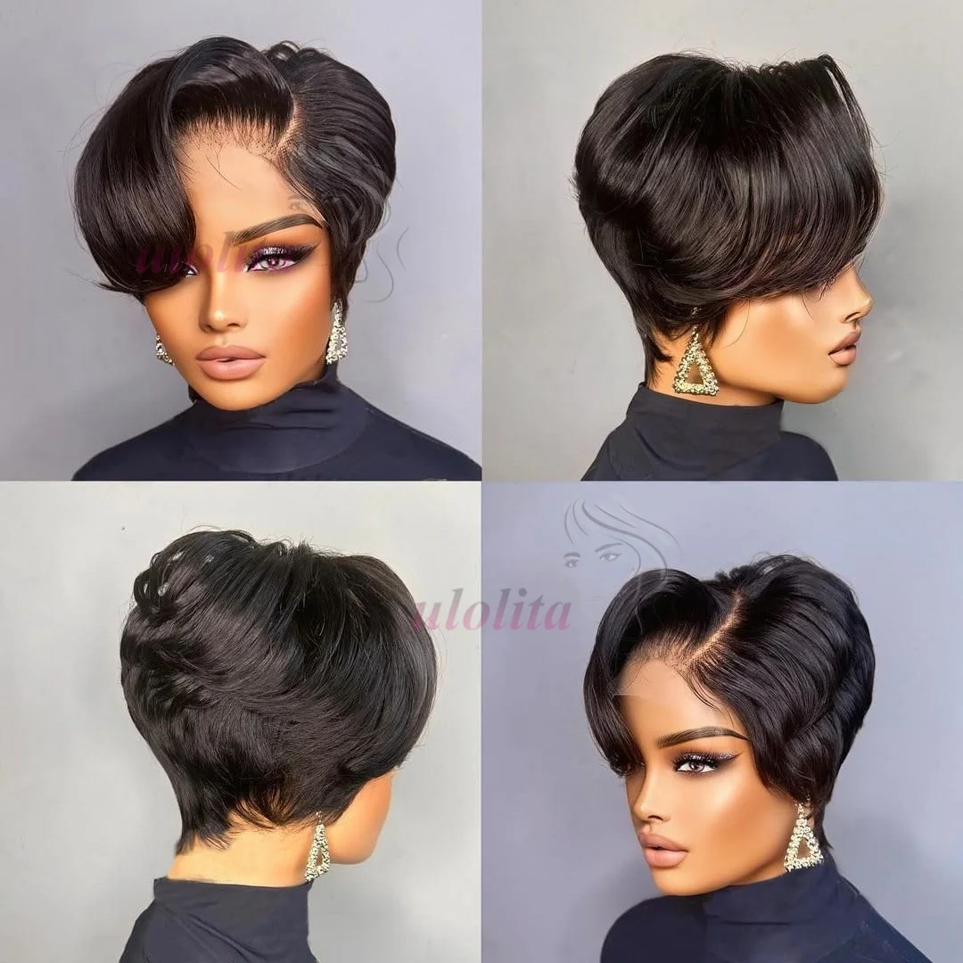 Pixie Cut Echthaarperücken, Salz-und-Pfeffer-Perücken, kurze Bob-Echthaarperücken, sofort tragbar, ohne Klebstoff, 13x4 Lace Frontal Perücken, brasilianisch gewellt – Detail 21