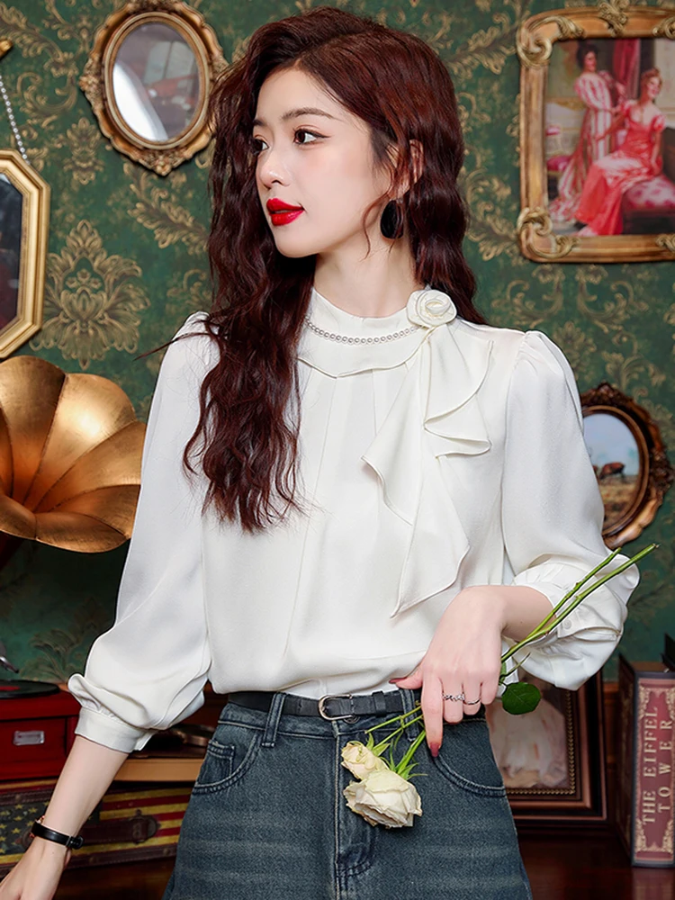 2024 Spring Elegant Red Satin Women Beading Ruffles Blouse Long Sleeve Fashion Korean Office Ladies Work Shirt Basic Female Tops