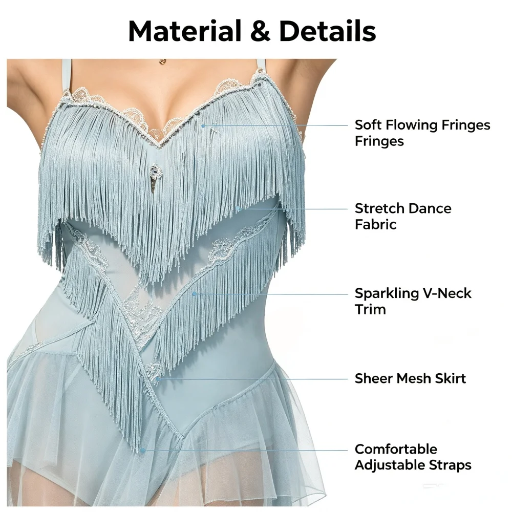 Adult Female Latin Fringe Dance Dress Irregular Tulle Hem Backless Design ChaCha Rumba Stage Performance Dance Outfit view 4