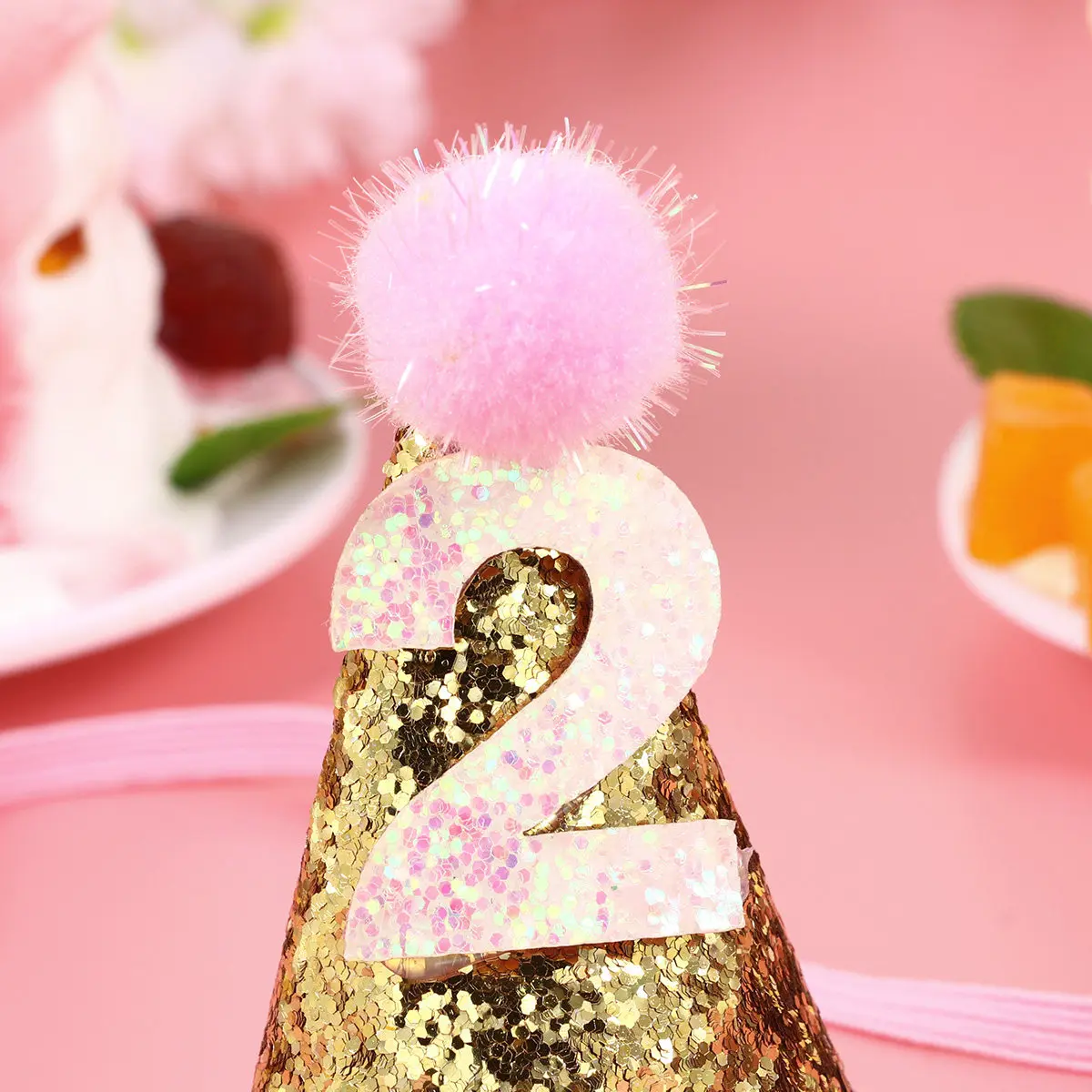 2-Year-Old Baby Birthday Hat with Golden Glitter & Elastic Strap – Kids Party Accessory for Girls