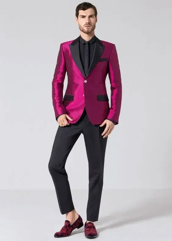 Hot Pink Satin Men Suit Slim Fit 2 Piece Tuxedo Prom Blazer Sets Custom Groom Party Suits Terno Masculino Costume Mariage Homme