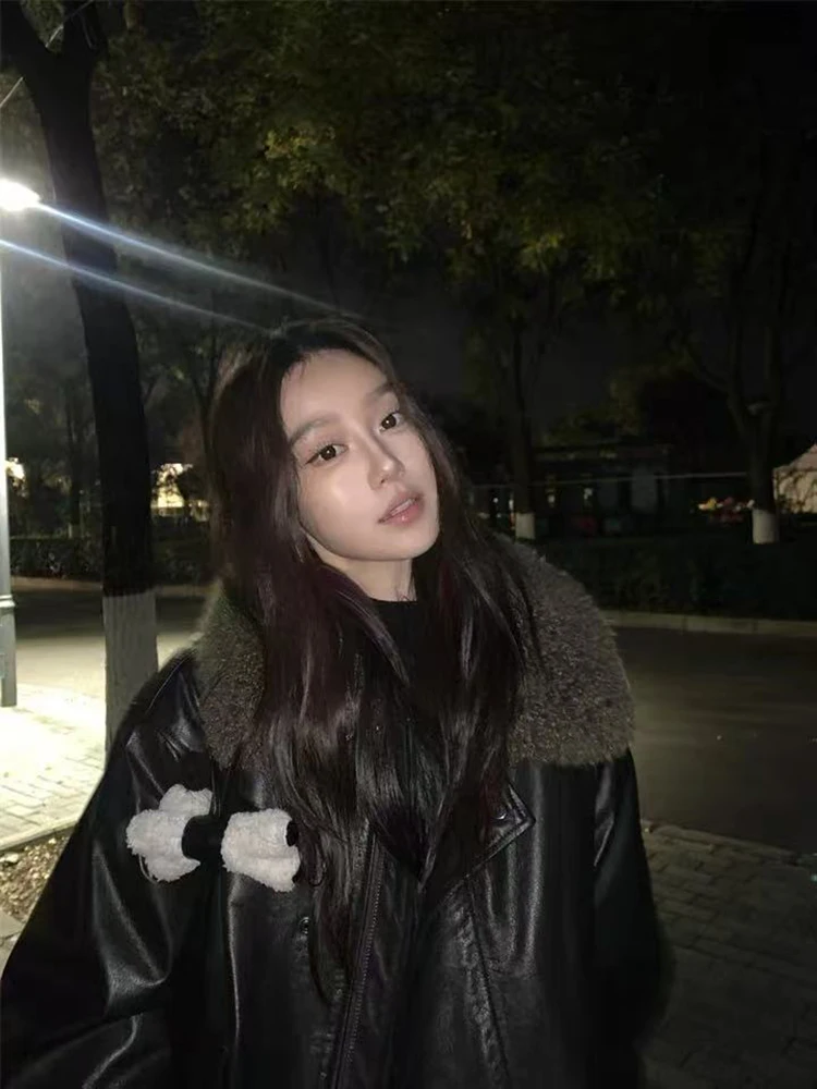 سترات نسائية كلاسيكية من جلد البولي يوريثان Y2K ملابس خروج أمريكية فضفاضة بياقة قطيفة معاطف Bf Harajuku ملابس خارجية دافئة جديدة