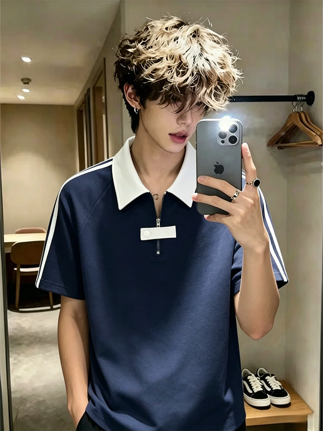 Blue  Shirt Short Sleeve Zipper Design Casual Style Men's T-Shirt Summer Fashion American College Style False Two-Piece