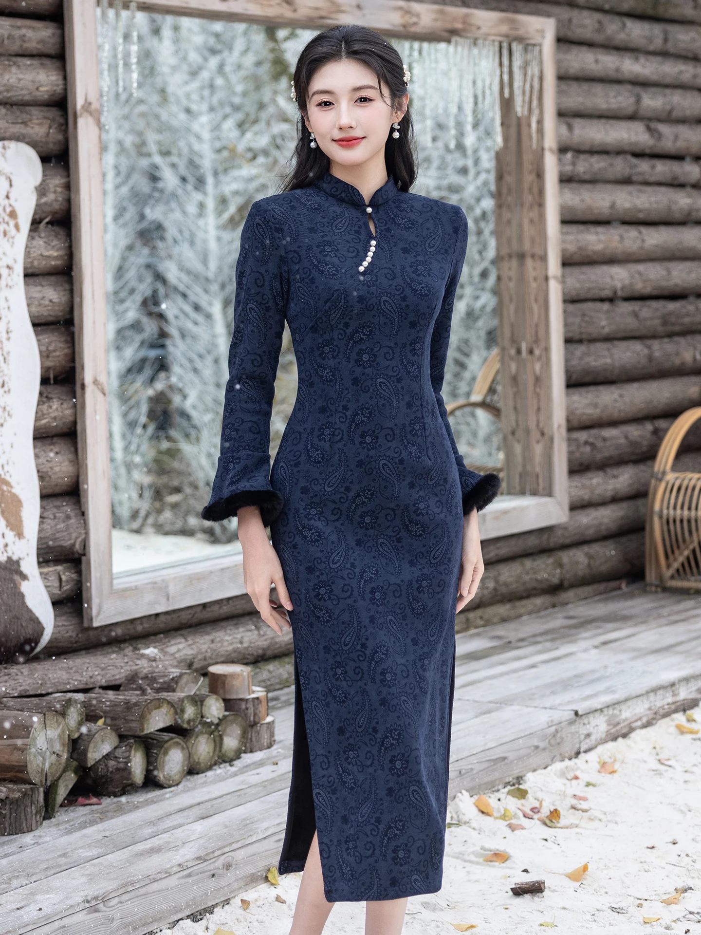 

Синее винтажное китайское ципао с длинными рукавами, на флисовой подкладке, для молодых женщин, зимнее, теплое, приталенное, белое, подчеркивающее фигуру, традиционное платье