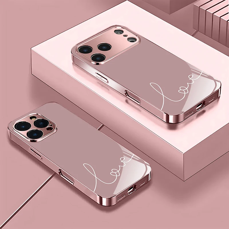 The "LOVE" Patterned Design In Pink Electroplated Glass Phone case is suitable for iPhone 17, 16, 15, 14, 13, 12, 11, etc.