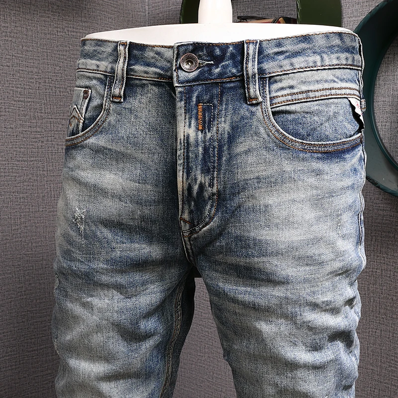 Pantalones vaqueros rasgados elásticos de alta calidad para Hombre, Jeans de diseño de moda, Retro, azul, Slim Fit, Vintage