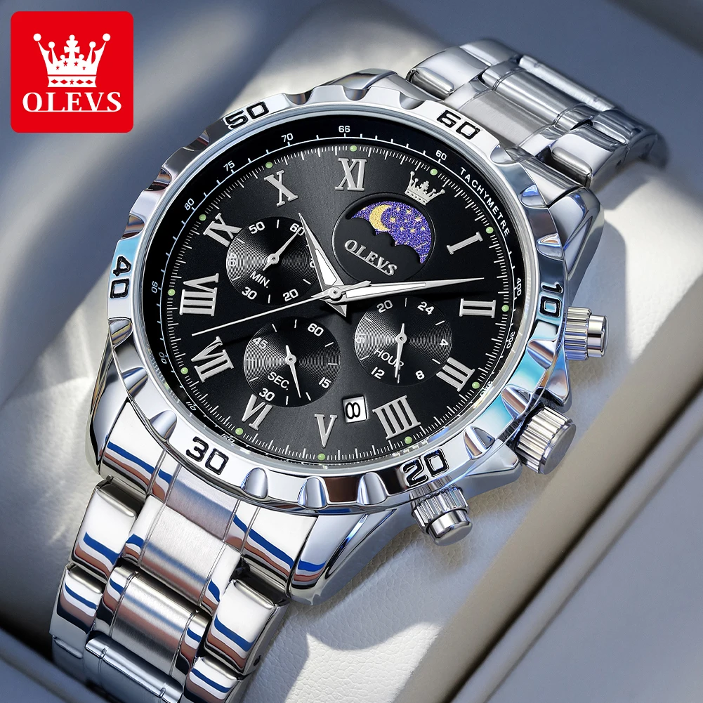 OLEVS 2950 reloj de pulsera de cuarzo para hombre, cronógrafo de fase lunar de 24 horas, fecha automática, reloj de lujo para hombre, relojes originales resistentes al agua para hombre