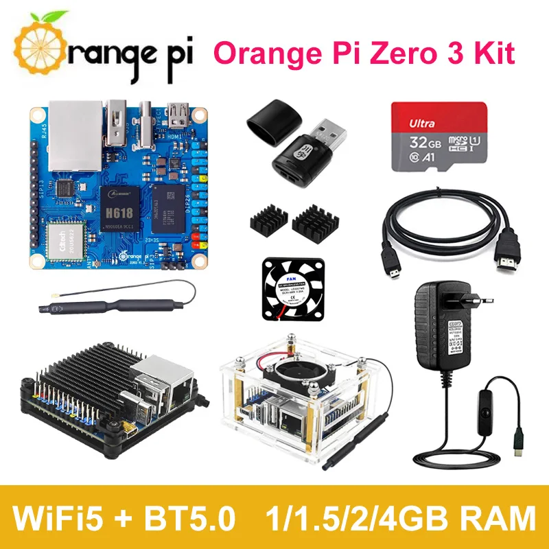 Imagem -01 - Laranja pi Zero Starter Kit 4gb 2gb 1.5gb 1gb Placa Ram com Case Ventoinha Adaptador de Alimentação Cabo de Vídeo Dissipador