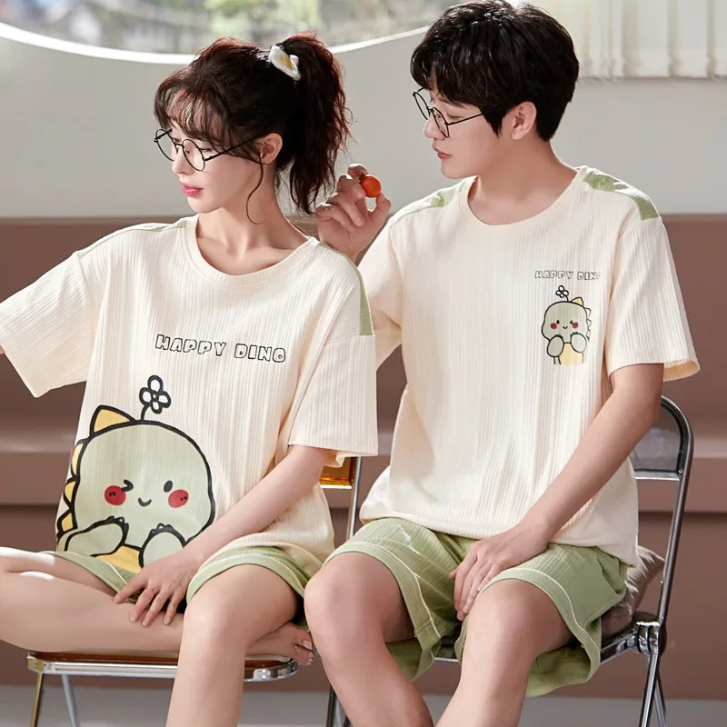 Summer Couple Pjs Cartoon Young Girl Big Boys Pyjamas Knitted Mens Pajamas Sets Matching Sleepwear Women Nightwear Pijamas Loung