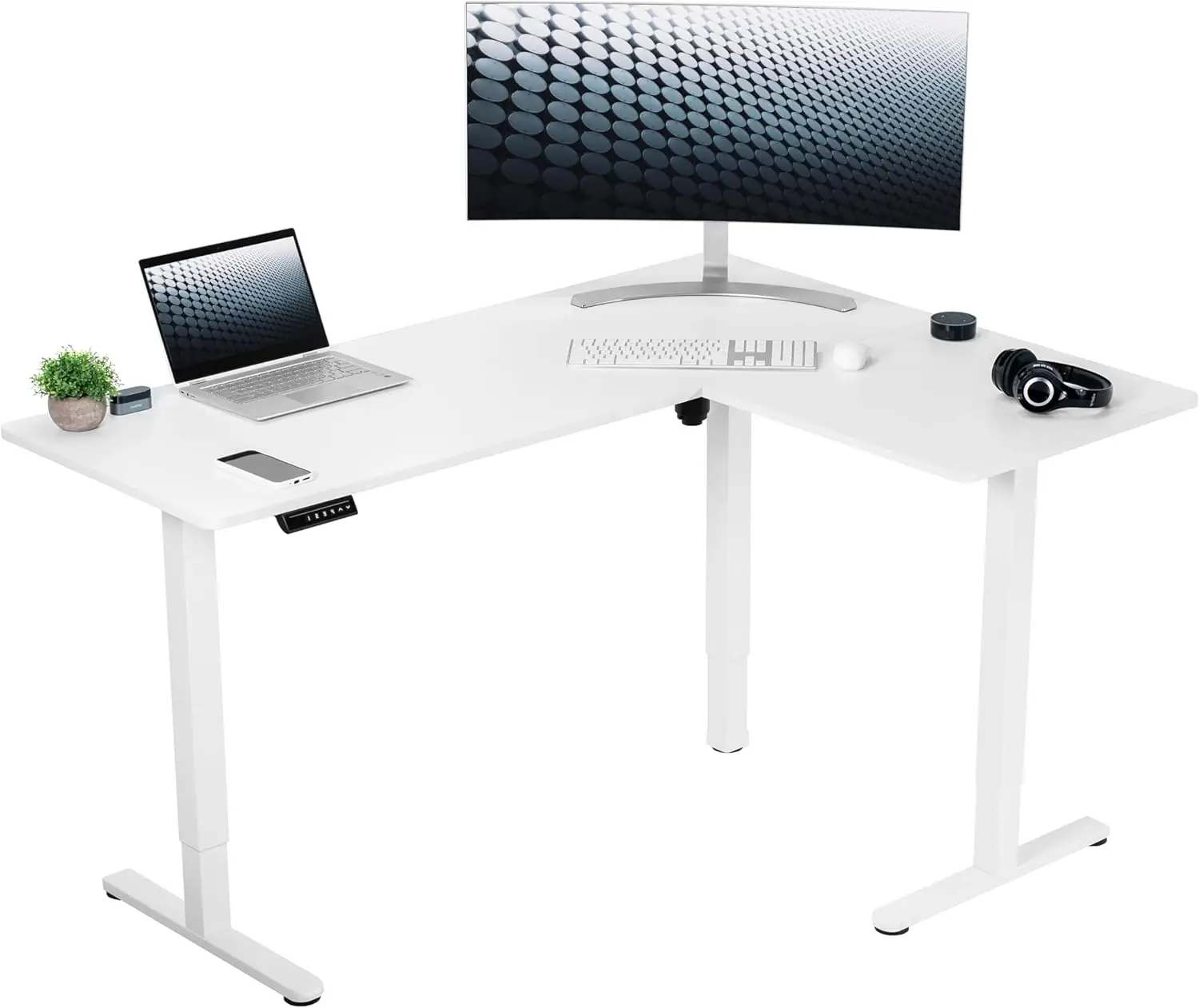 Electric Corner L-Shaped 63 x 47 inch Standing Desk, Height Adjustable, Memory Controller, White Top White Frame